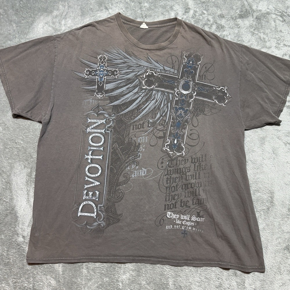 Vintage Y2K Devotion Graphic Tee Mens 2XL Cross Wings Mall Goth Grunge